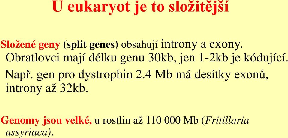 Obratlovci mají délku genu 30kb, jen 1-2kb je kódující. Např.