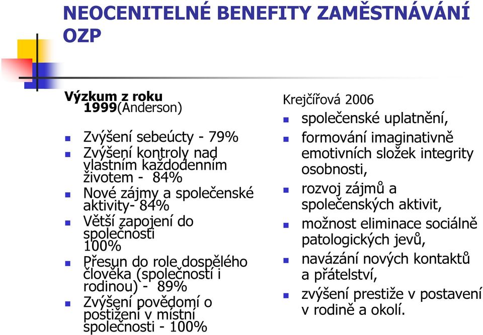 postižení v místní společnosti - 100% Krejčířová 2006 společenské uplatnění, formování imaginativně emotivních složek integrity osobnosti, rozvoj zájmů