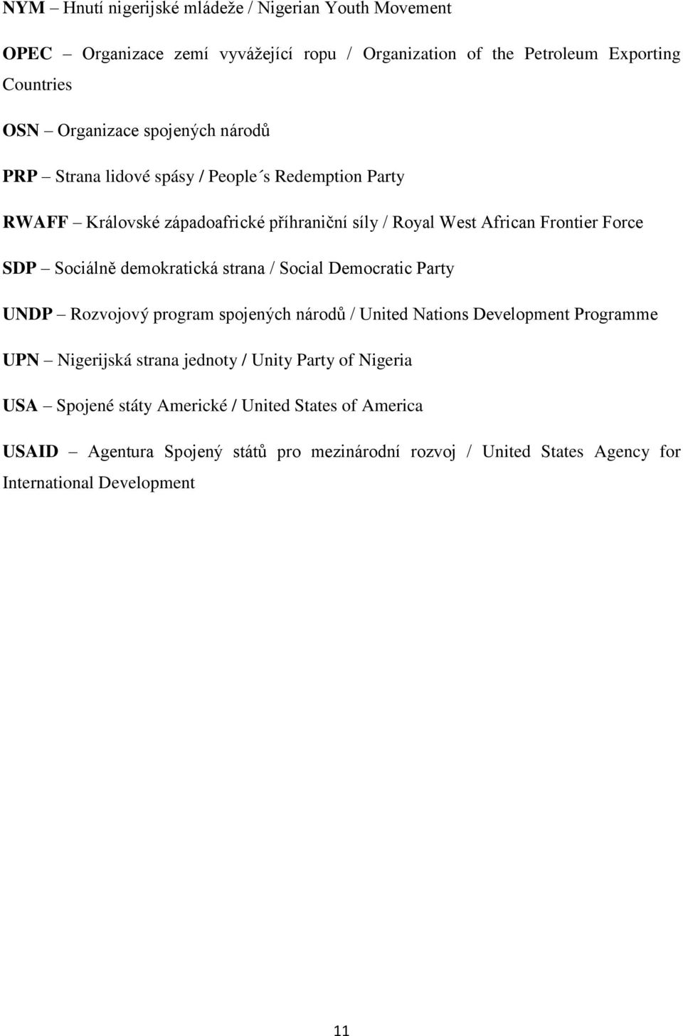 demokratická strana / Social Democratic Party UNDP Rozvojový program spojených národů / United Nations Development Programme UPN Nigerijská strana jednoty / Unity