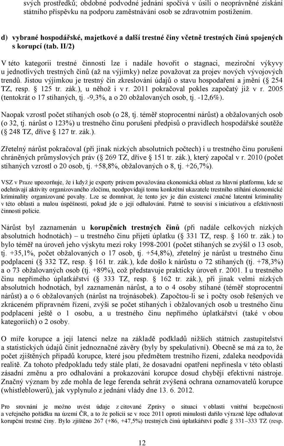 II/2) V této kategorii trestné činnosti lze i nadále hovořit o stagnaci, meziroční výkyvy u jednotlivých trestných činů (až na výjimky) nelze považovat za projev nových vývojových trendů.