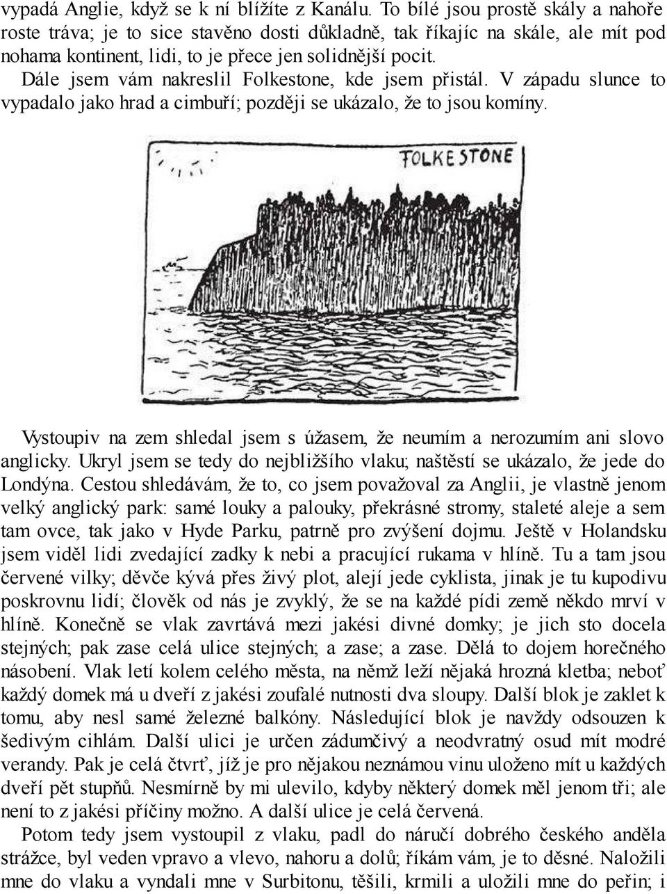 Dále jsem vám nakreslil Folkestone, kde jsem přistál. V západu slunce to vypadalo jako hrad a cimbuří; později se ukázalo, že to jsou komíny.