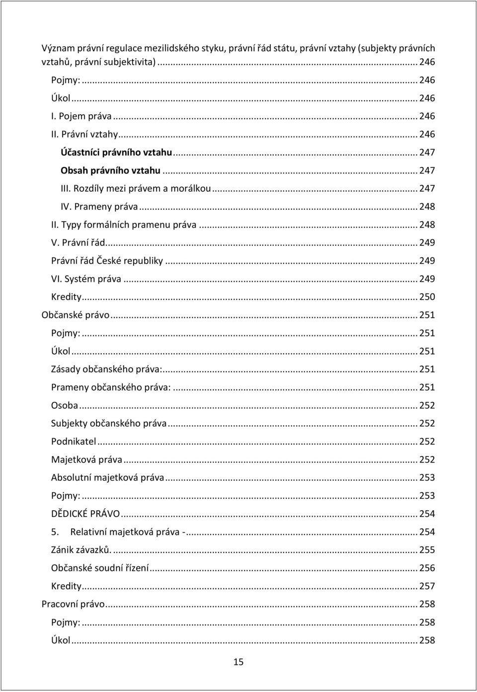 .. 249 Právní řád České republiky... 249 VI. Systém práva... 249 Kredity... 250 Občanské právo... 251 Pojmy:... 251 Úkol... 251 Zásady občanského práva:... 251 Prameny občanského práva:... 251 Osoba.