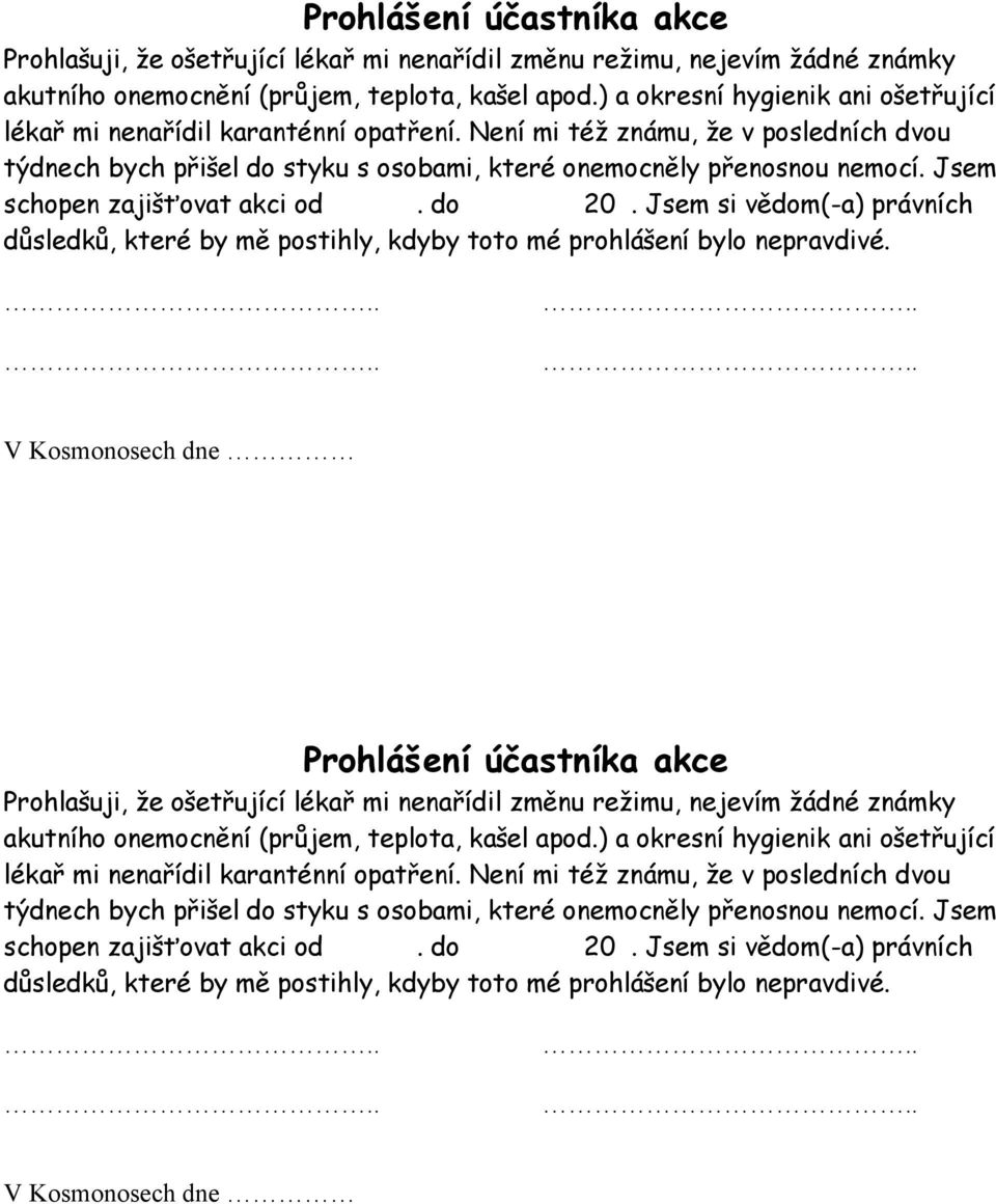 Jsem schopen zajišťovat akci od. do 20. Jsem si vědom(-a) právních důsledků, které by mě postihly, kdyby toto mé prohlášení bylo nepravdivé. V Kosmonosech dne 