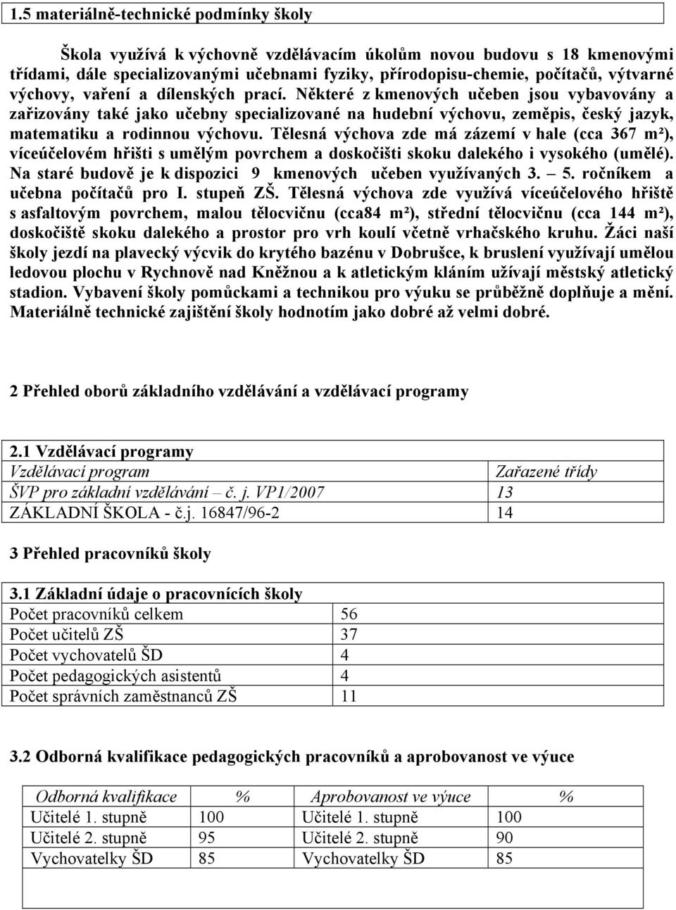 Tělesná výchova zde má zázemí v hale (cca 367 m²), víceúčelovém hřišti s umělým povrchem a doskočišti skoku dalekého i vysokého (umělé).