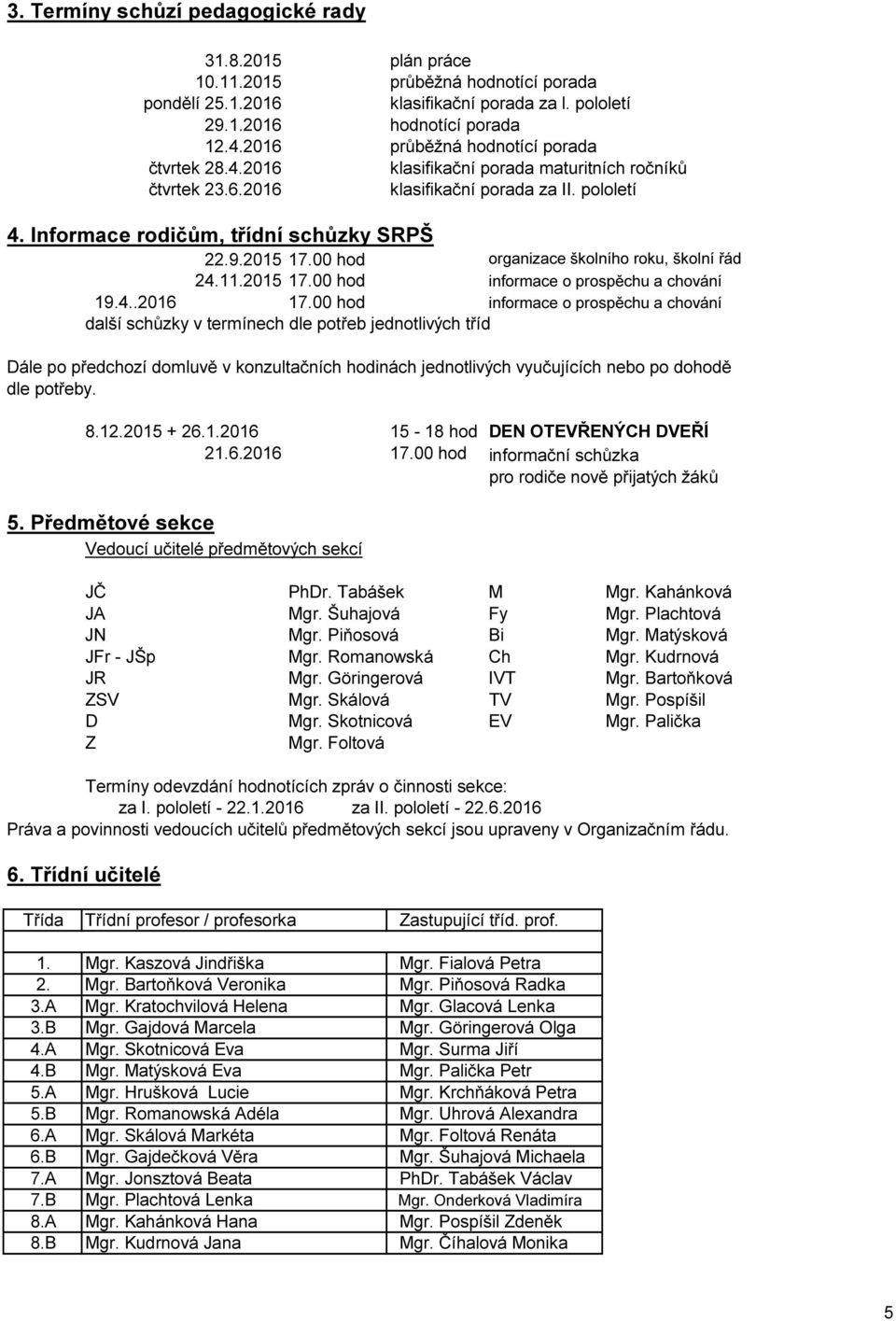 00 hod organizace školního roku, školní řád 24.11.2015 17.00 hod informace o prospěchu a chování 19.4..2016 17.