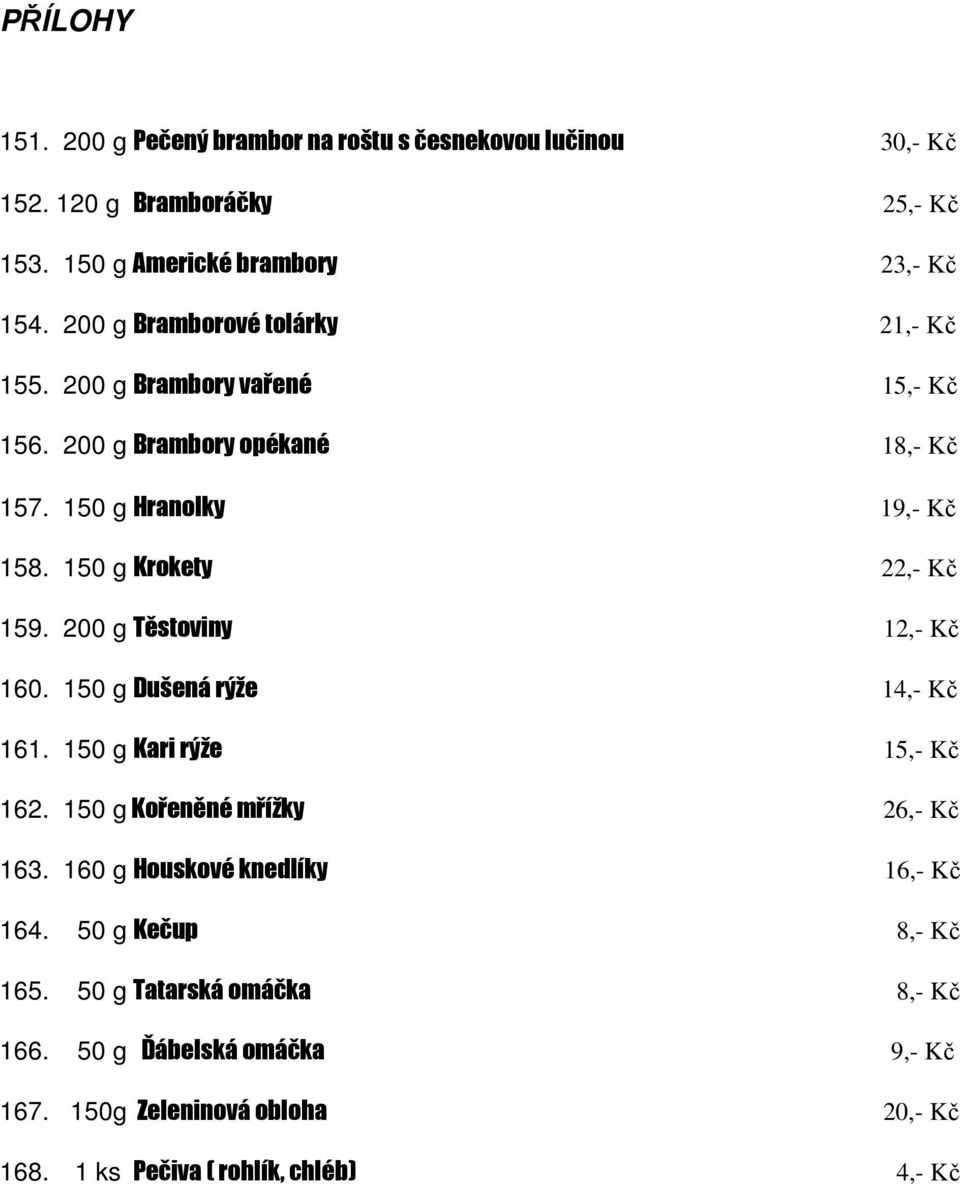 150 g Krokety 22,- Kč 159. 200 g Těstoviny 12,- Kč 160. 150 g Dušená rýže 14,- Kč 161. 150 g Kari rýže 15,- Kč 162. 150 g Kořeněné mřížky 26,- Kč 163.