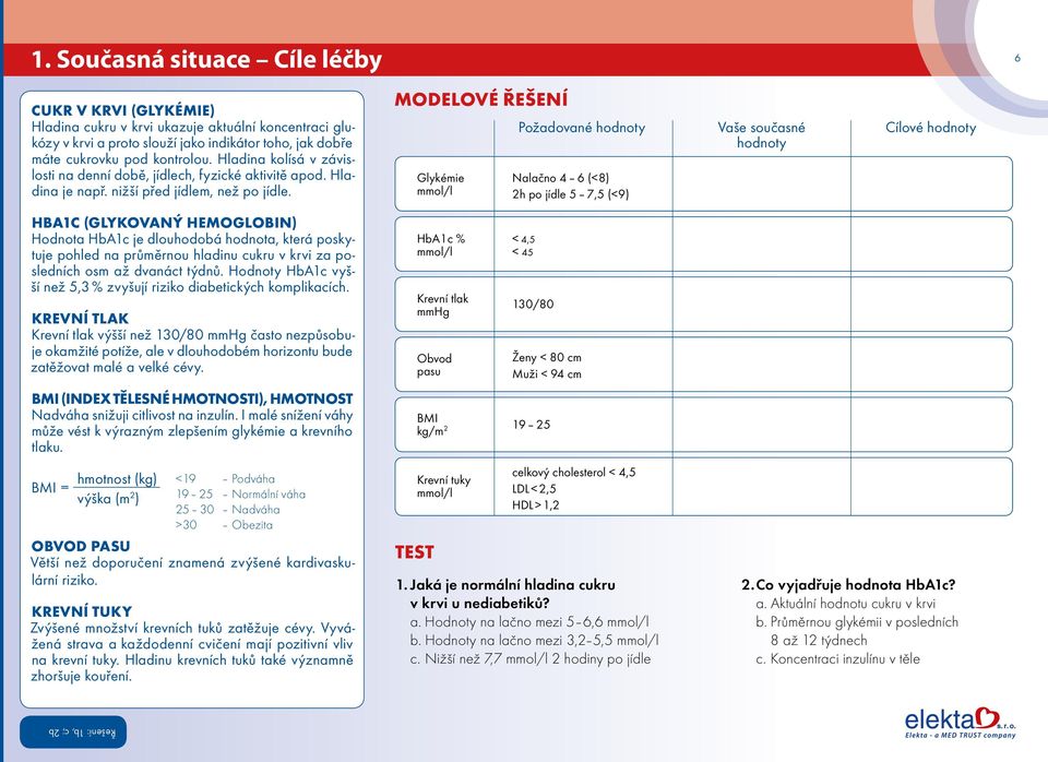 MODELOVÉ ŘEŠENÍ Glykémie mmol/l Požadované hodnoty Nalačno 4 6 (< 8) 2h po jídle 5 7,5 (< 9) Vaše současné hodnoty Cílové hodnoty HBA1C (GLYKOVANÝ HEMOGLOBIN) Hodnota HbA1c je dlouhodobá hodnota,