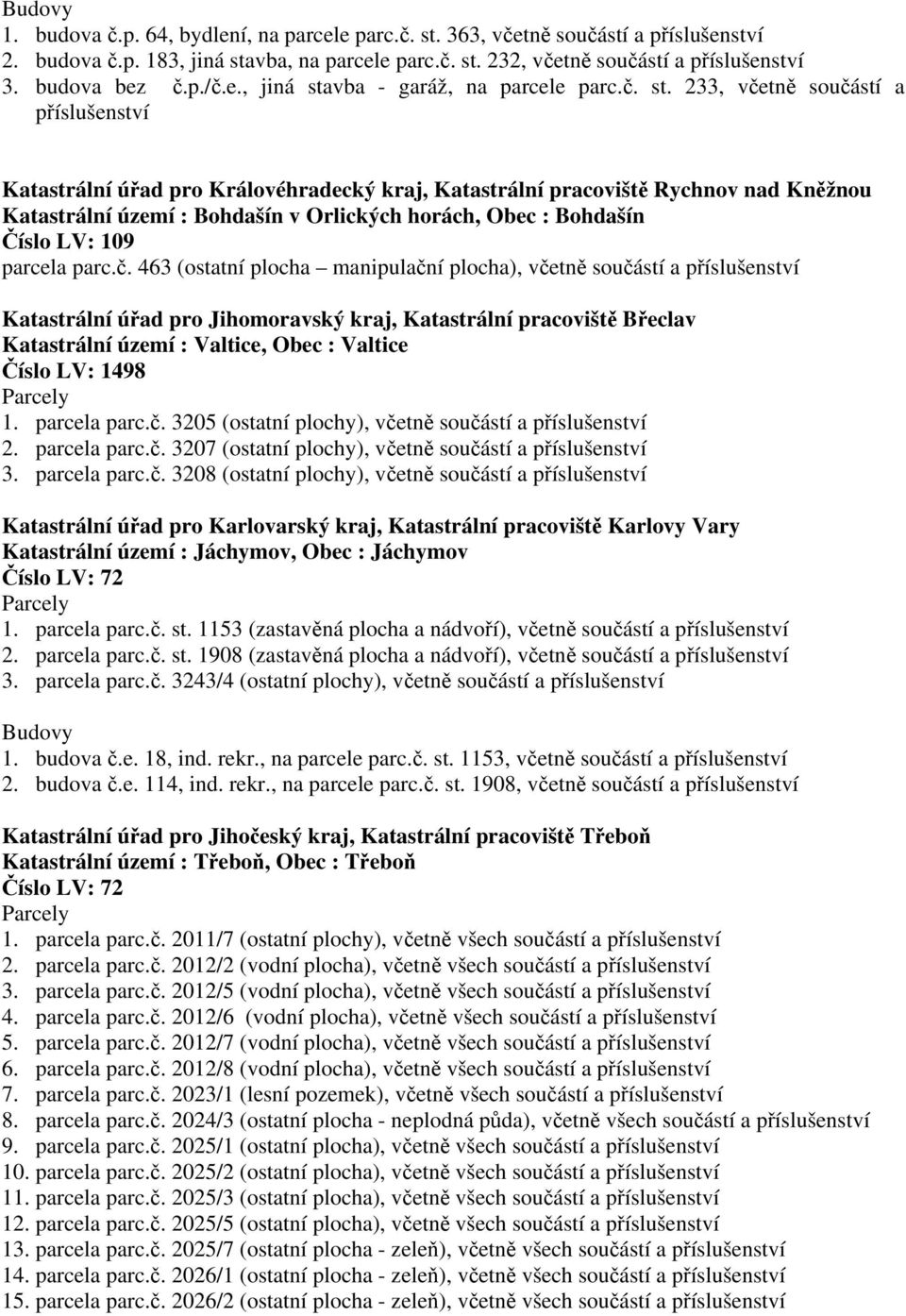 233, včetně součástí a Katastrální úřad pro Královéhradecký kraj, Katastrální pracoviště Rychnov nad Kněžnou Katastrální území : Bohdašín v Orlických horách, Obec : Bohdašín Číslo LV: 109 parcela