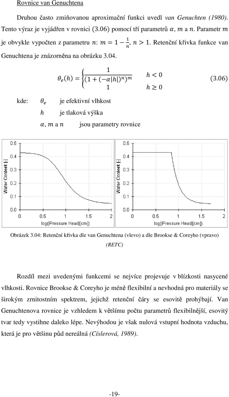 06 Obrázek 3.04: Retenční křivka dle van Genuchtena (vlevo) a dle Brookse & Coreyho (vpravo) (RETC) Rozdíl mezi uvedenými funkcemi se nejvíce projevuje v blízkosti nasycené vlhkosti.