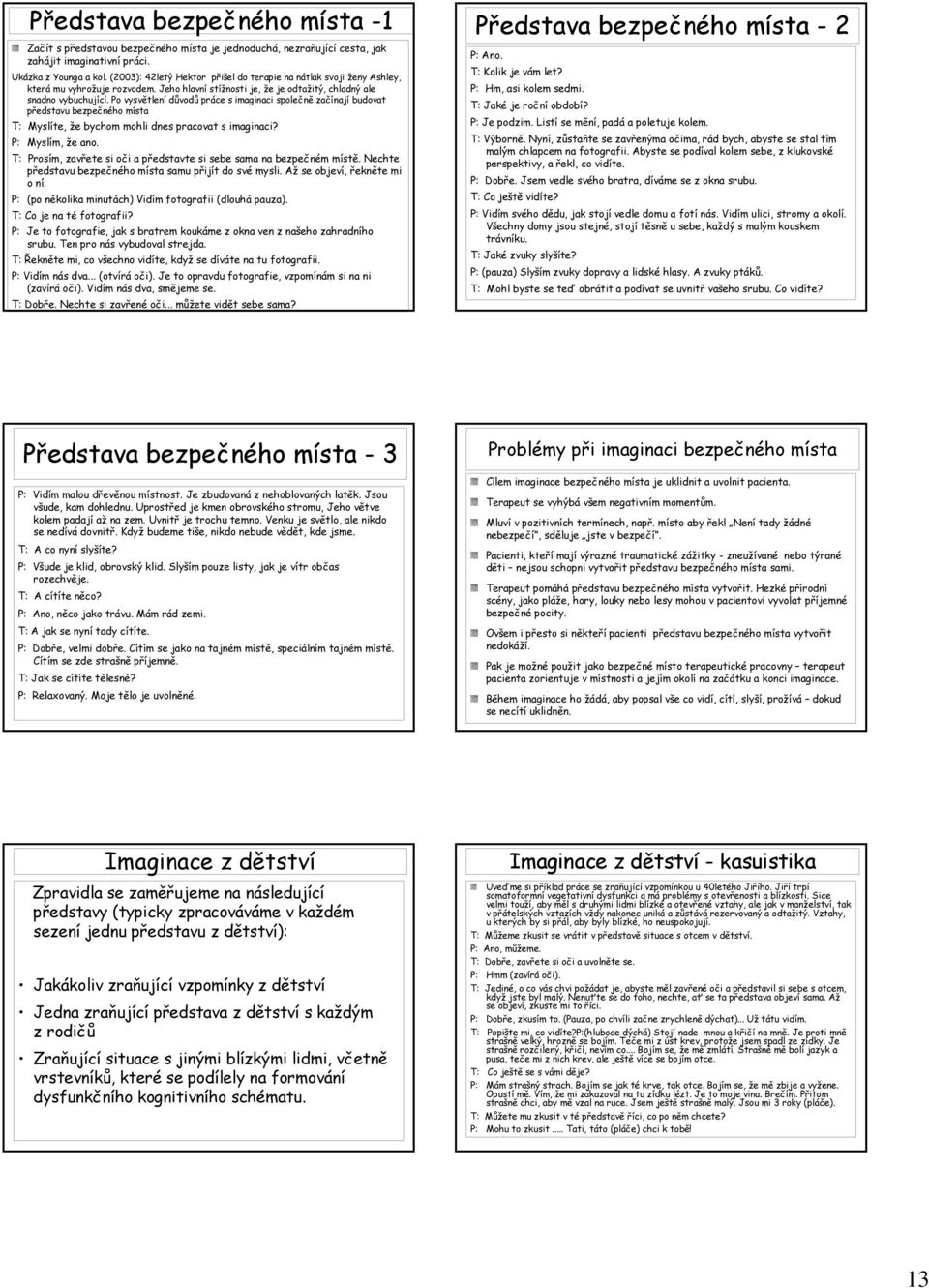 Po vysvětlení důvodů práce s imaginaci společně začínají budovat představu bezpečného místa T: Myslíte, že bychom mohli dnes pracovat s imaginaci? P: Myslím, že ano.