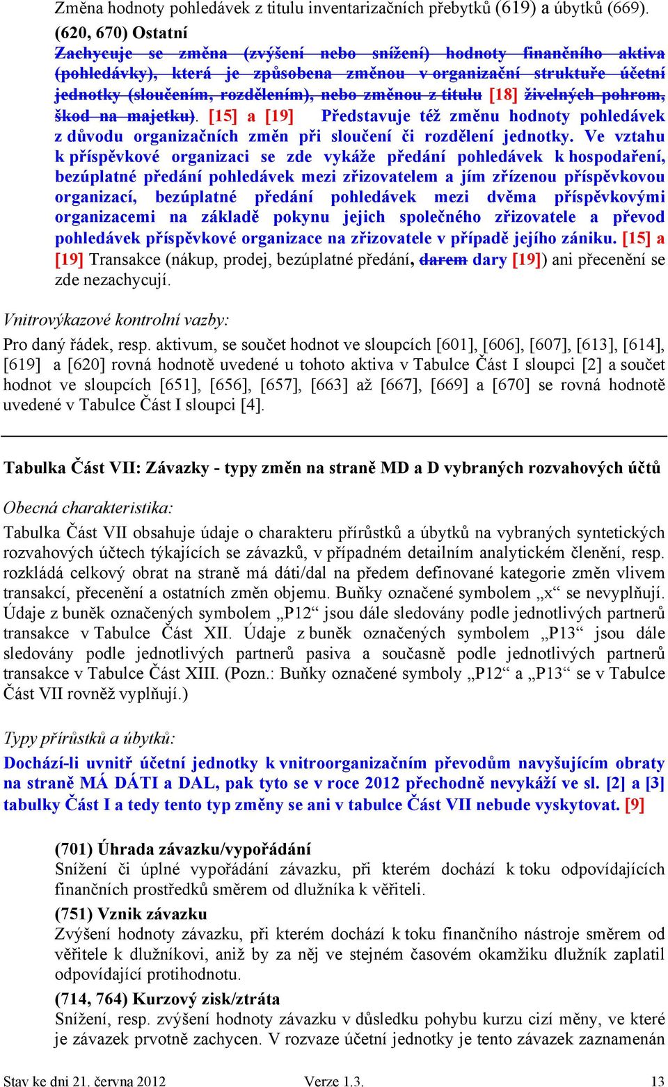 změnou z titulu 18 živelných pohrom, škod na majetku). 15 a 19 Představuje též změnu hodnoty pohledávek z důvodu organizačních změn při sloučení či rozdělení jednotky.