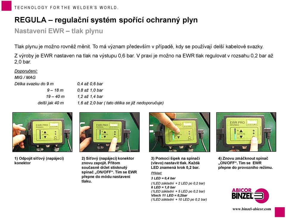 Doporučení: MIG / MAG Délka svazku do 9 m 9 18 m 19 40 m delší jak 40 m 1) Odpojit síťový (napájecí) konektor 0,4 až 0,6 bar 0,8 až 1,0 bar 1,2 až 1,4 bar 1,6 až 2,0 bar ( tato délka se již