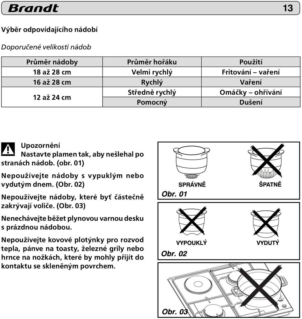 01) Nepoužívejte nádoby s vypuklým nebo vydutým dnem. (Obr. 02) Nepoužívejte nádoby, které byť částečně zakrývají voliče. (Obr. 03) Nenechávejte běžet plynovou varnou desku s prázdnou nádobou.