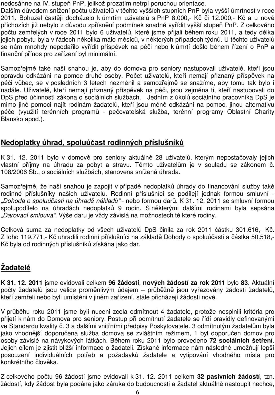 Z celkového počtu zemřelých v roce 2011 bylo 6 uživatelů, které jsme přijali během roku 2011, a tedy délka jejich pobytu byla v řádech několika málo měsíců, v některých případech týdnů.