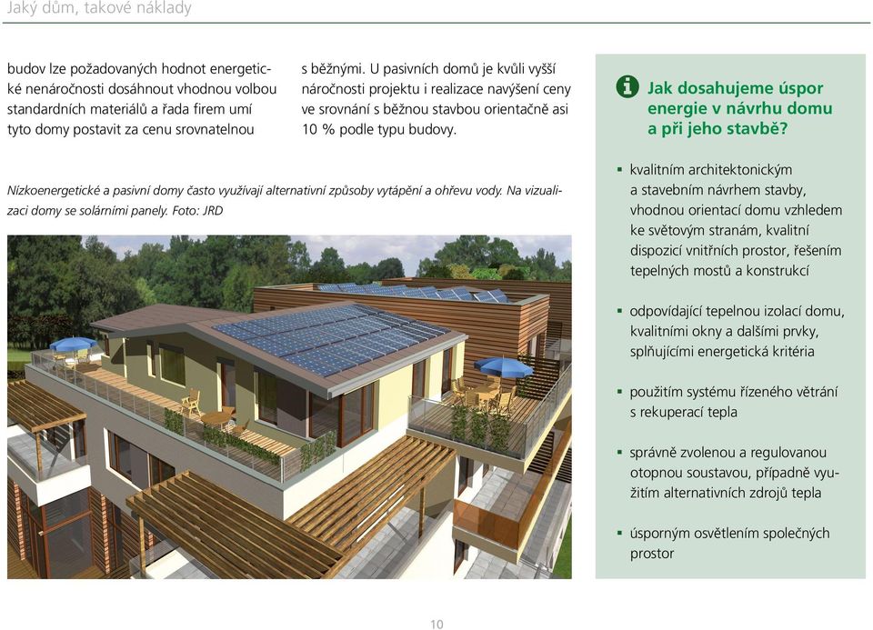Jak dosahujeme úspor energie v návrhu domu a při jeho stavbě? Nízkoenergetické a pasivní domy často využívají alternativní způsoby vytápění a ohřevu vody. Na vizualizaci domy se solárními panely.