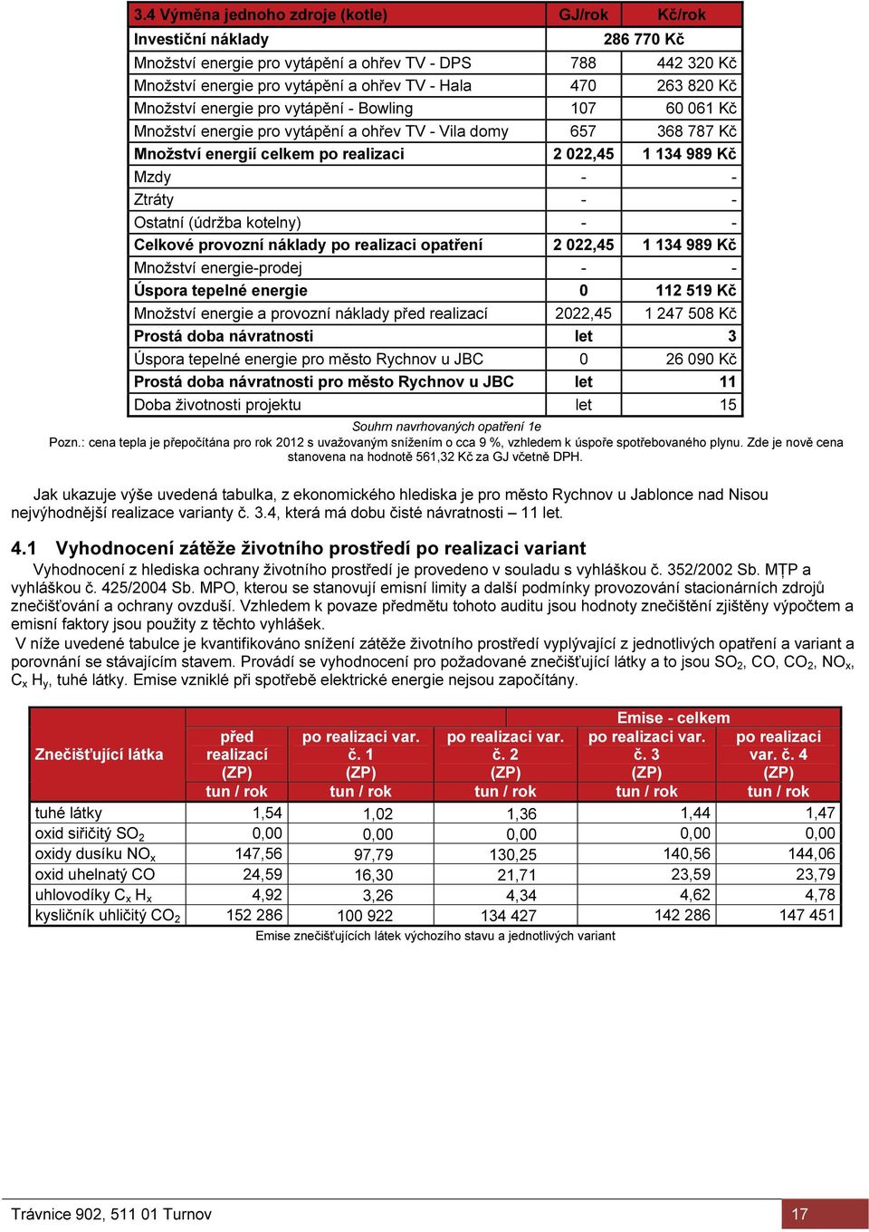 - - Ostatní (údržba kotelny) - - Celkové provozní náklady po realizaci opatření 2 022,45 1 134 989 Kč Množství energie-prodej - - Úspora tepelné energie 0 112 519 Kč Množství energie a provozní