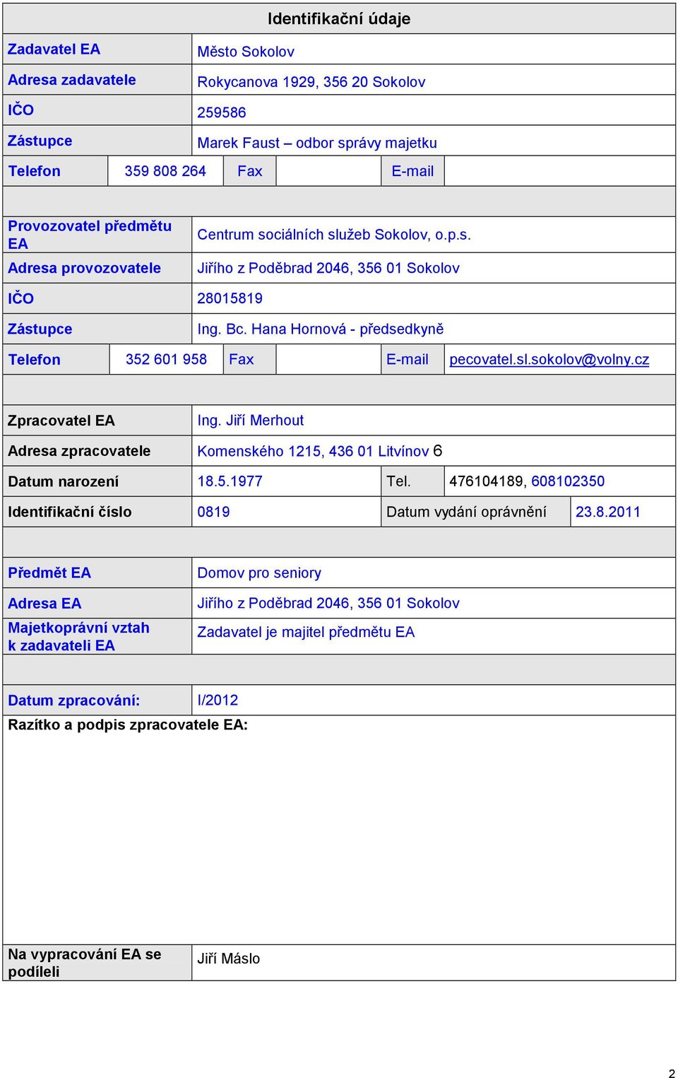 Hana Hornová - předsedkyně Telefon 352 601 958 Fax E-mail pecovatel.sl.sokolov@volny.cz Zpracovatel EA Ing. Jiří Merhout Adresa zpracovatele Komenského 1215, 436 01 Litvínov 6 Datum narození 18.5.1977 Tel.