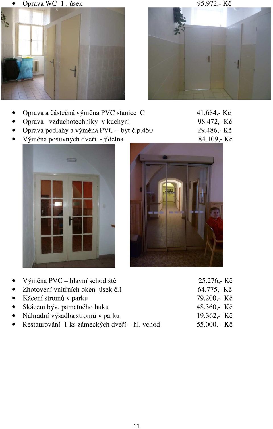 109,- Kč Výměna PVC hlavní schodiště 25.276,- Kč Zhotovení vnitřních oken úsek č.1 64.775,- Kč Kácení stromů v parku 79.