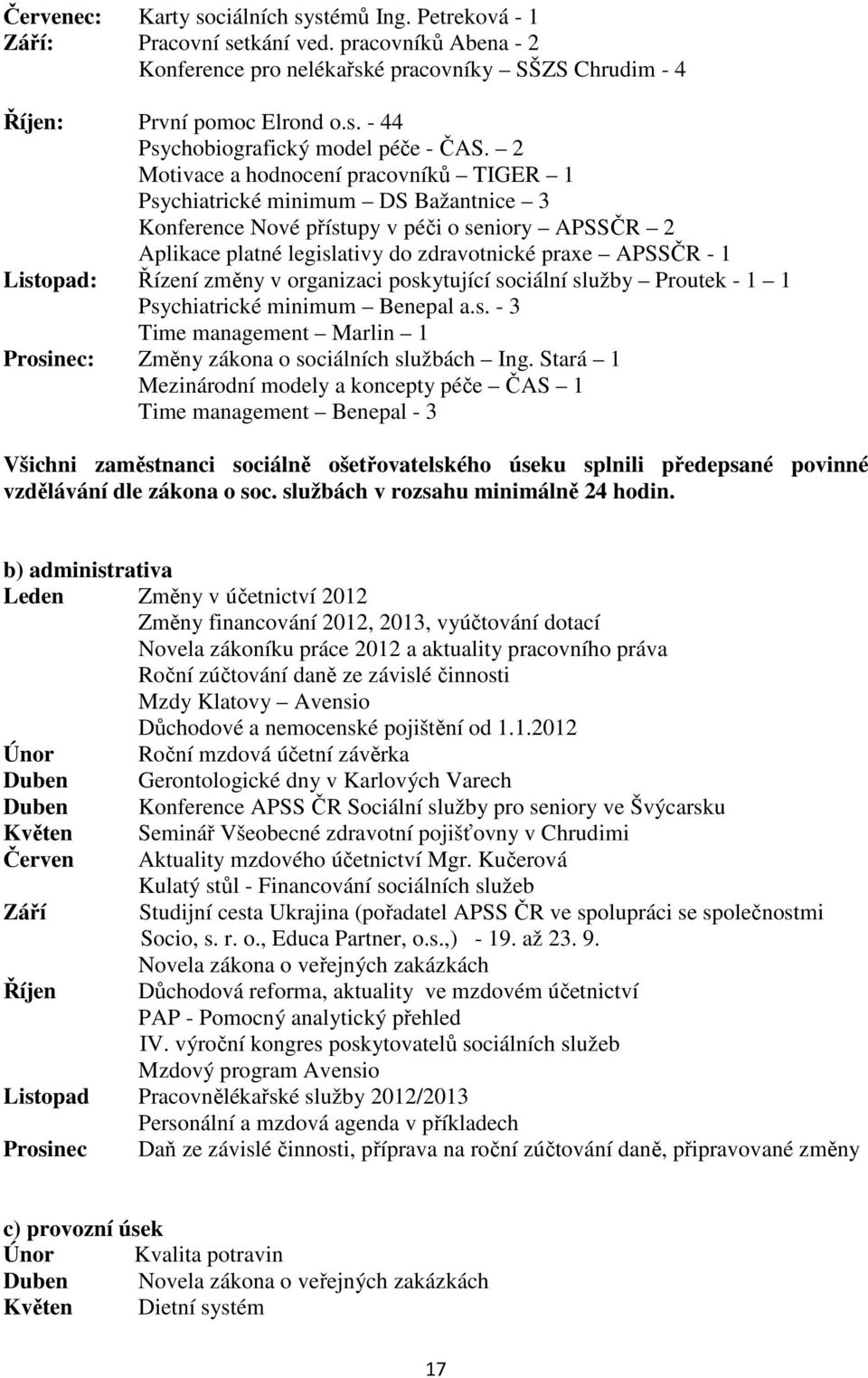 Listopad: Řízení změny v organizaci poskytující sociální služby Proutek - 1 1 Psychiatrické minimum Benepal a.s. - 3 Time management Marlin 1 Prosinec: Změny zákona o sociálních službách Ing.