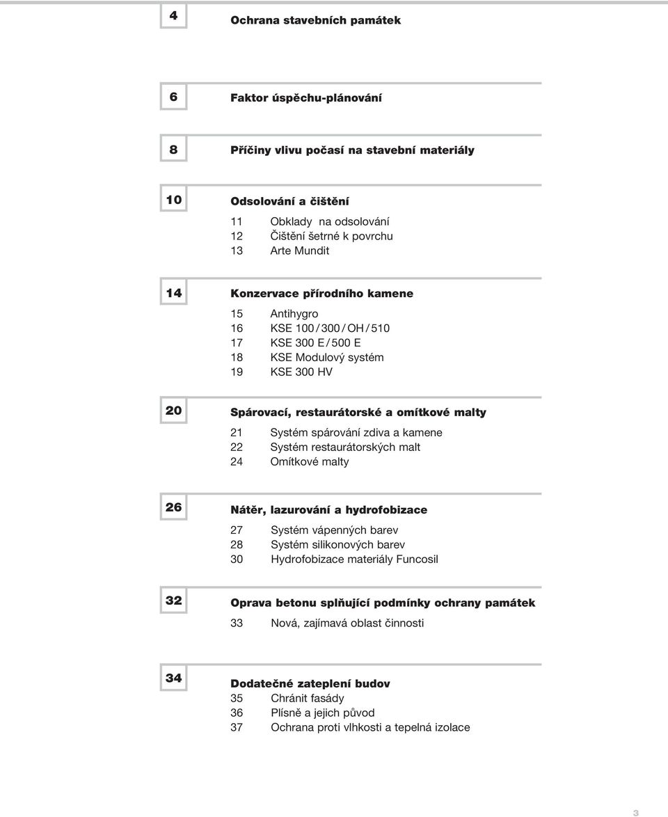 zdiva a kamene 22 Systém restaurátorských malt 24 Omítkové malty 26 Nátěr, lazurování a hydrofobizace 27 Systém vápenných barev 28 Systém silikonových barev 30 Hydrofobizace materiály Funcosil 32