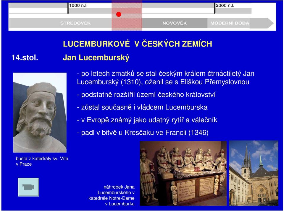 Lucemburský (1310), oženil se s Eliškou Přemyslovnou - podstatně rozšířil území českého království - zůstal