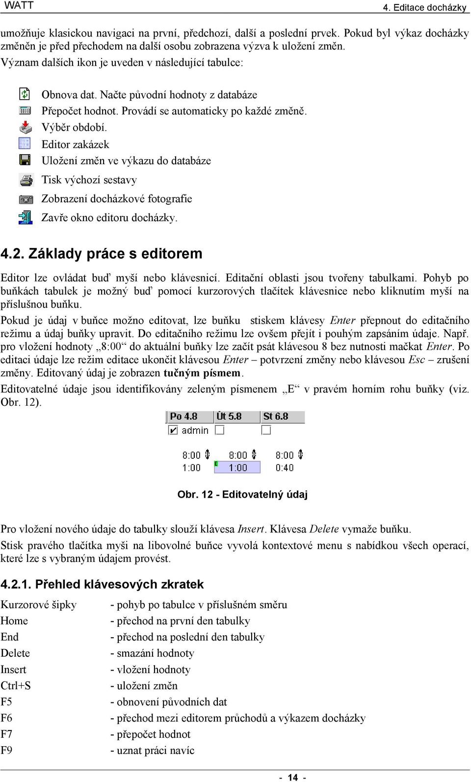 Editor zakázek Uložení změn ve výkazu do databáze Tisk výchozí sestavy Zobrazení docházkové fotografie Zavře okno editoru docházky. 4.2.