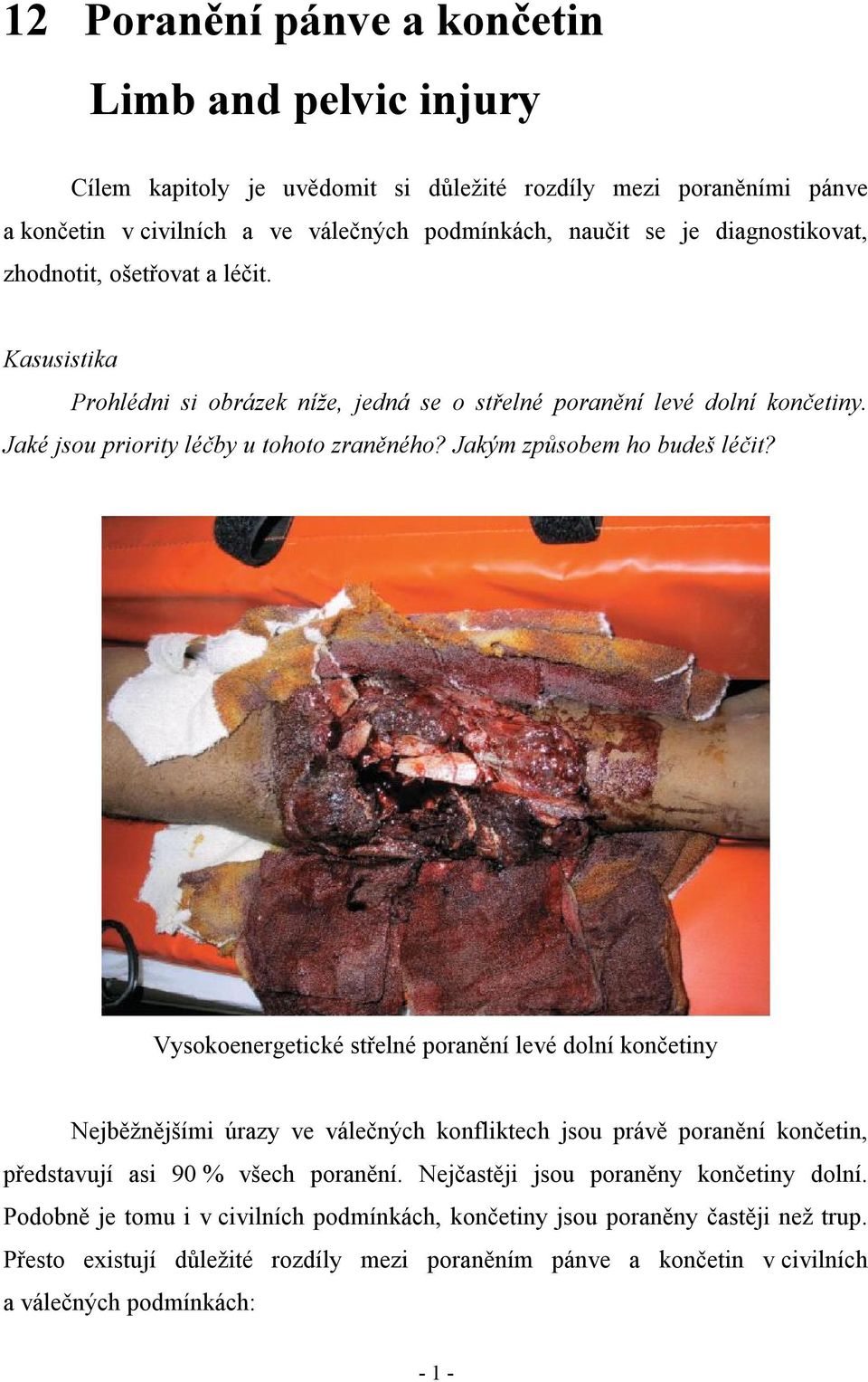 Jakým způsobem ho budeš léčit? Vysokoenergetické střelné poranění levé dolní končetiny Nejběžnějšími úrazy ve válečných konfliktech jsou právě poranění končetin, představují asi 90 % všech poranění.