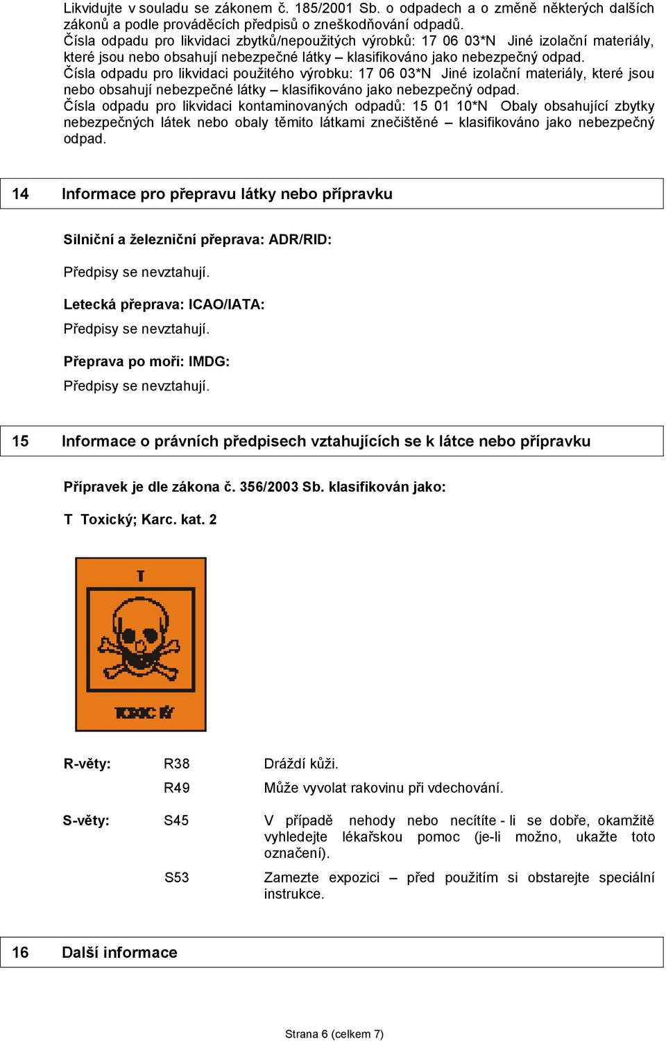 Čísla odpadu pro likvidaci použitého výrobku: 17 06 03*N Jiné izolační materiály, které jsou nebo obsahují nebezpečné látky klasifikováno jako nebezpečný odpad.