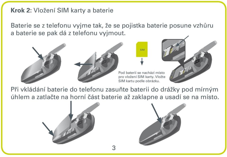 SIM Pod baterií se nachází místo pro vložení SIM karty. Vložte SIM kartu podle obrázku.