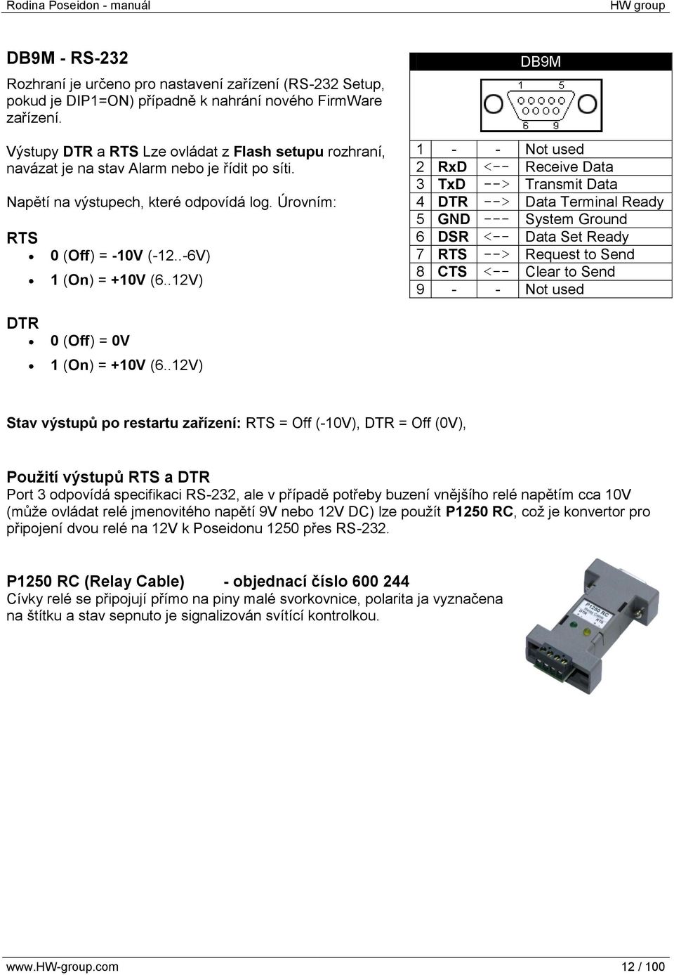 .12V) DB9M 1 - - Not used 2 RxD <-- Receive Data 3 TxD --> Transmit Data 4 DTR --> Data Terminal Ready 5 GND --- System Ground 6 DSR <-- Data Set Ready 7 RTS --> Request to Send 8 CTS <-- Clear to