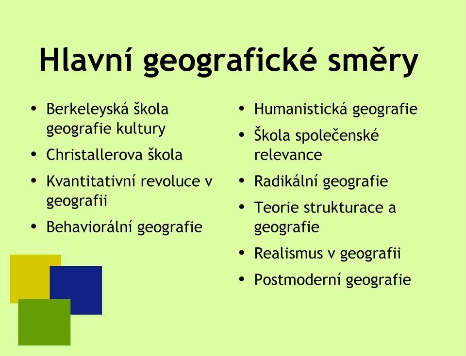 Kvantitativní revoluce v geografii Behaviorální geografie Radikální