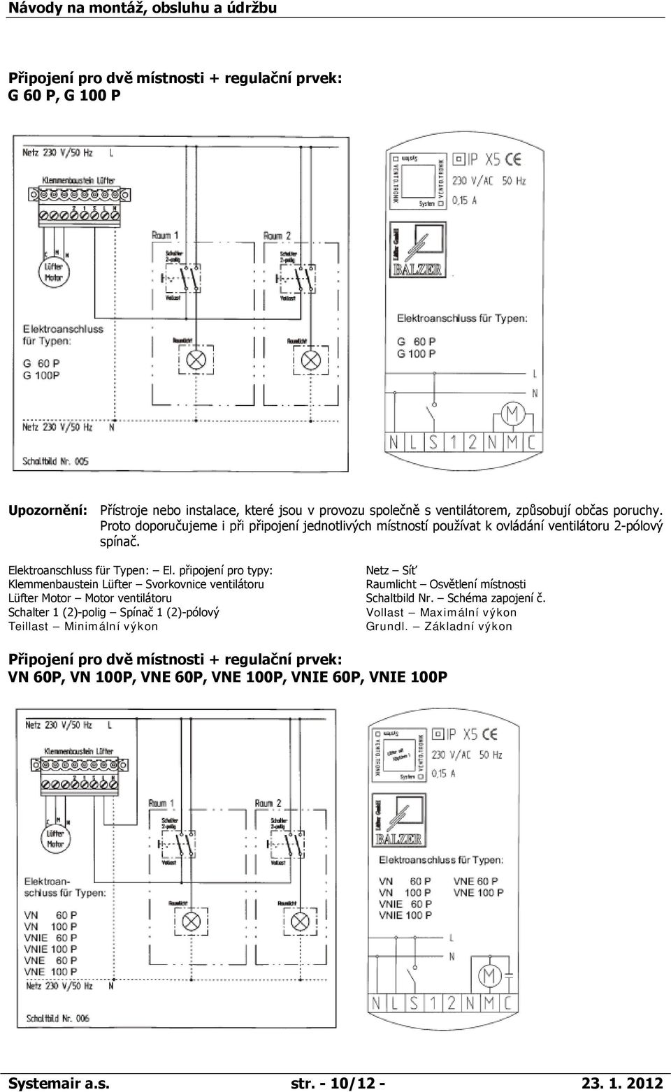 připojení pro typy: Netz Síť Klemmenbaustein Lüfter Svorkovnice ventilátoru Raumlicht Osvětlení místnosti Lüfter Motor Motor ventilátoru Schaltbild Nr. Schéma zapojení č.