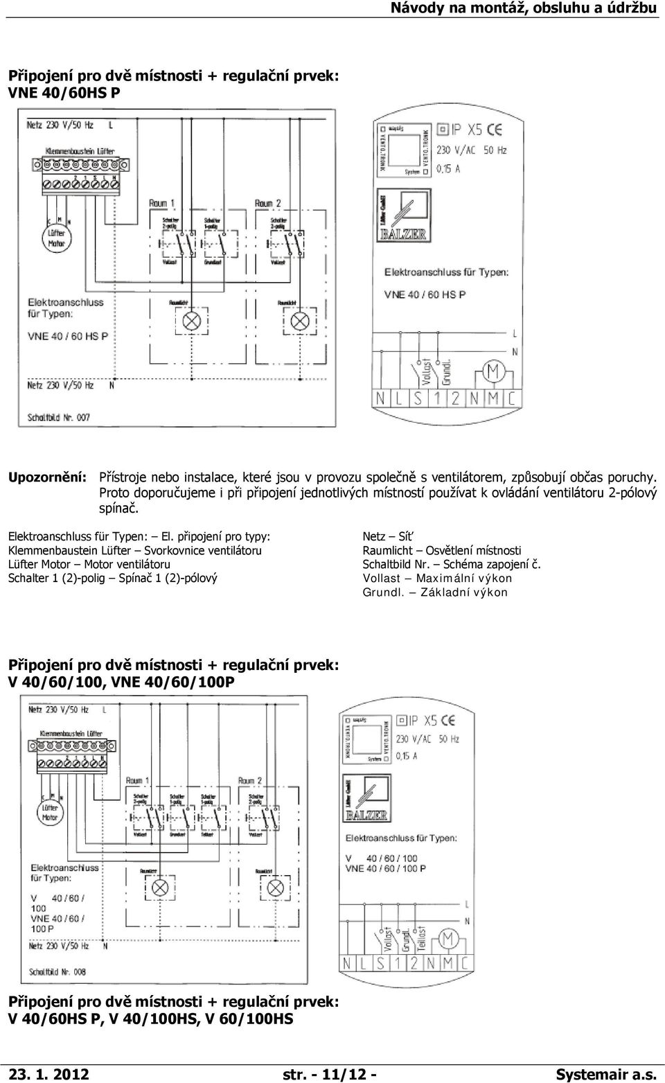 připojení pro typy: Netz Síť Klemmenbaustein Lüfter Svorkovnice ventilátoru Raumlicht Osvětlení místnosti Lüfter Motor Motor ventilátoru Schaltbild Nr. Schéma zapojení č.