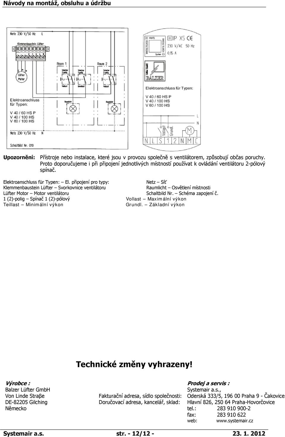 připojení pro typy: Netz Síť Klemmenbaustein Lüfter Svorkovnice ventilátoru Raumlicht Osvětlení místnosti Lüfter Motor Motor ventilátoru Schaltbild Nr. Schéma zapojení č.