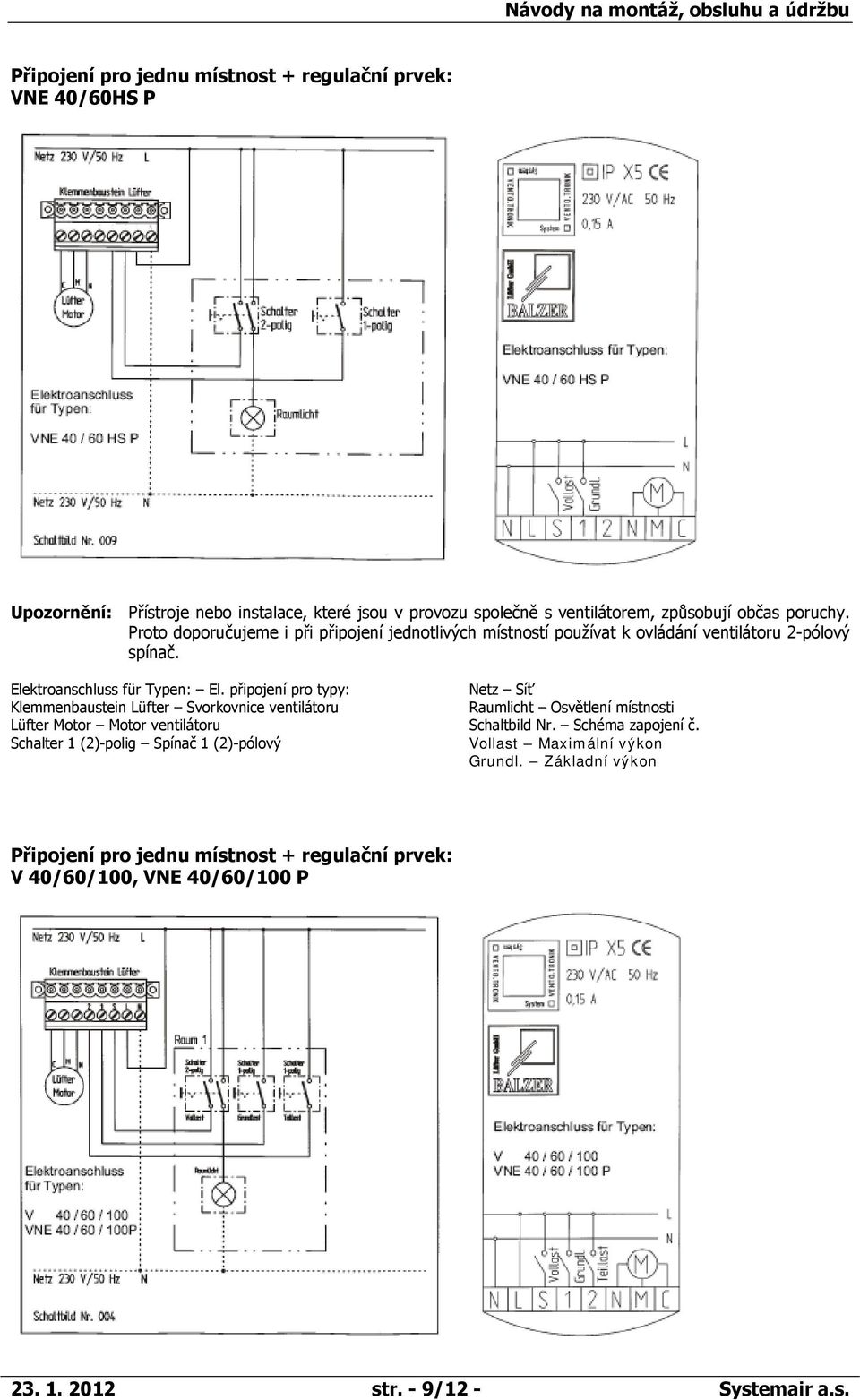 připojení pro typy: Netz Síť Klemmenbaustein Lüfter Svorkovnice ventilátoru Raumlicht Osvětlení místnosti Lüfter Motor Motor ventilátoru Schaltbild Nr. Schéma zapojení č.