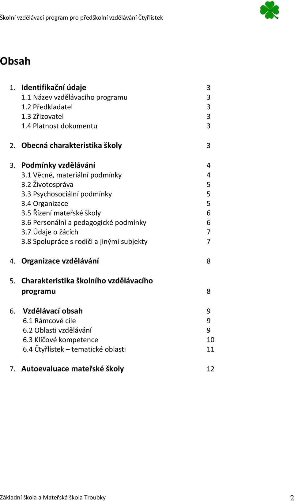 6 Personální a pedagogické podmínky 6 3.7 Údaje o žácích 7 3.8 Spolupráce s rodiči a jinými subjekty 7 4. Organizace vzdělávání 8 5.