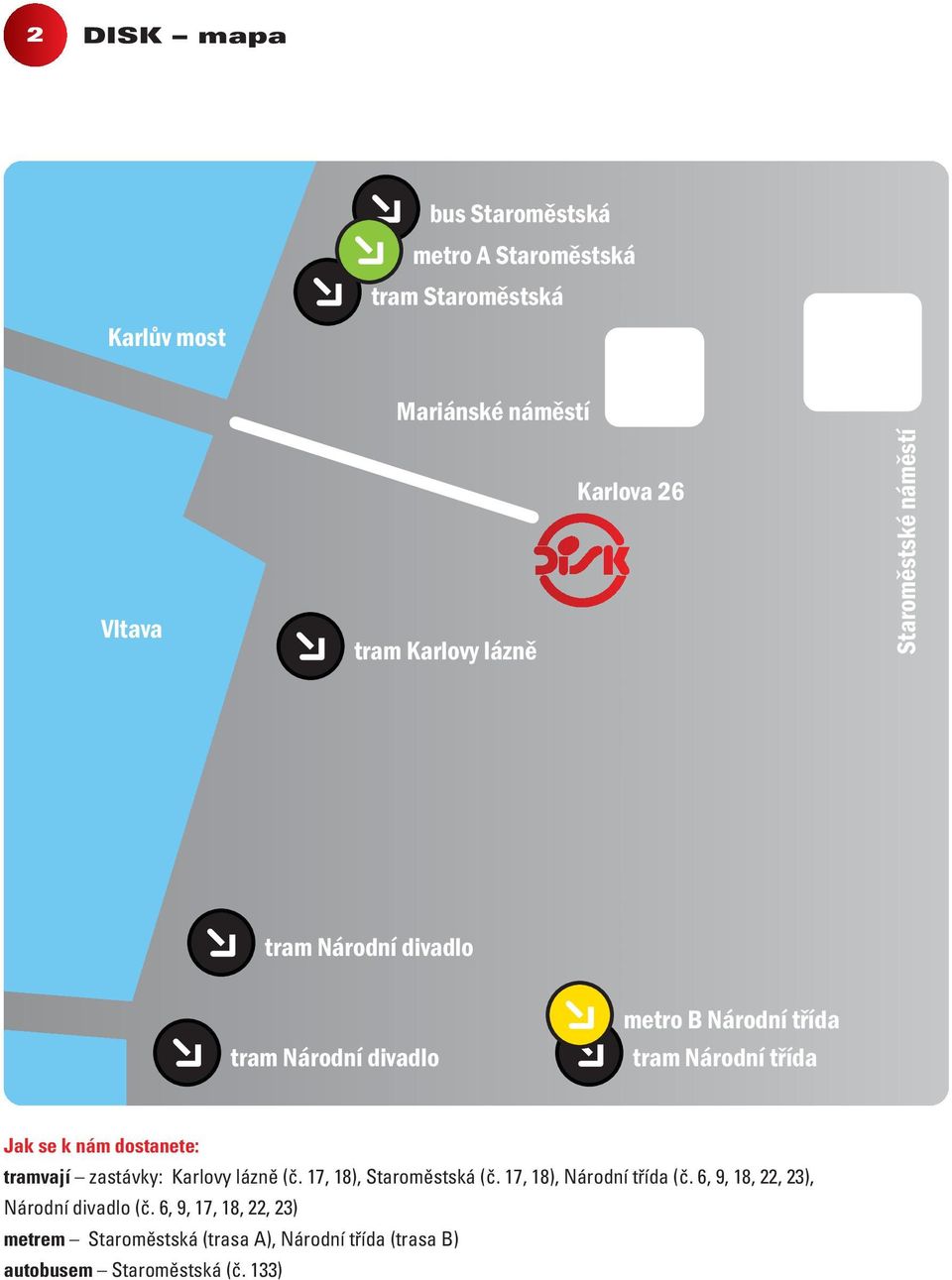 nám dostanete: tramvají zastávky: Karlovy lázně (č. 17, 18), Staroměstská (č. 17, 18), Národní třída (č.