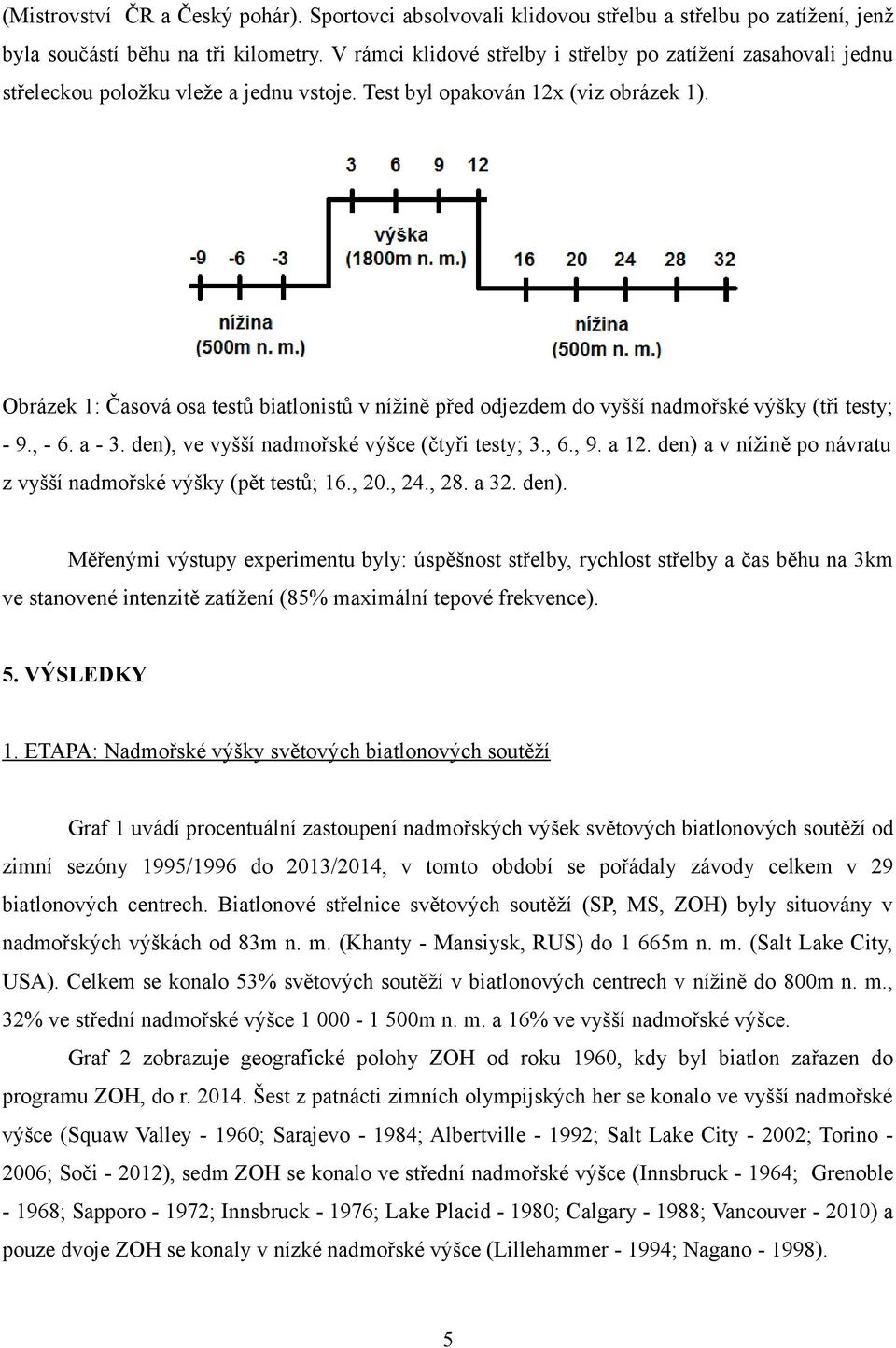 Obrázek 1: Časová osa testů biatlonistů v nížině před odjezdem do vyšší nadmořské výšky (tři testy; - 9., - 6. a - 3. den), ve vyšší nadmořské výšce (čtyři testy; 3., 6., 9. a 12.