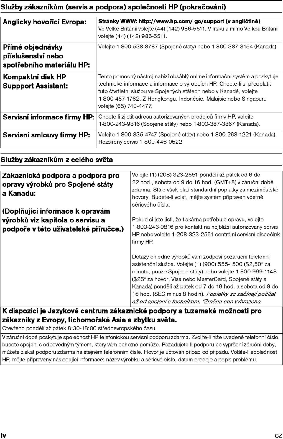 Volejte 1-800-538-8787 (Spojené státy) nebo 1-800-387-3154 (Kanada). Tento pomocný nástroj nabízí obsáhlý online informační systém a poskytuje technické informace a informace o výrobcích HP.