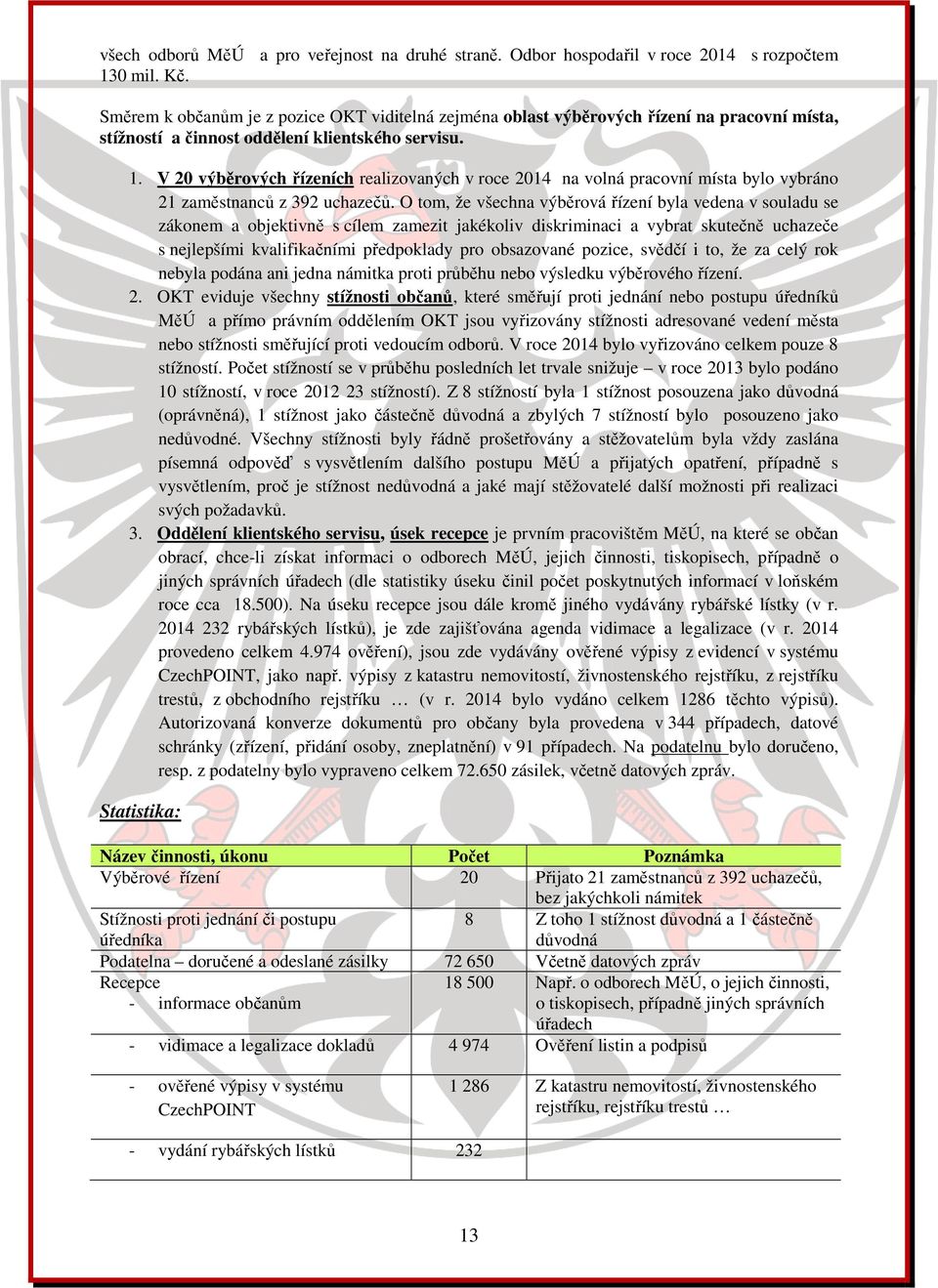 V 20 výběrových řízeních realizovaných v roce 2014 na volná pracovní místa bylo vybráno 21 zaměstnanců z 392 uchazečů.