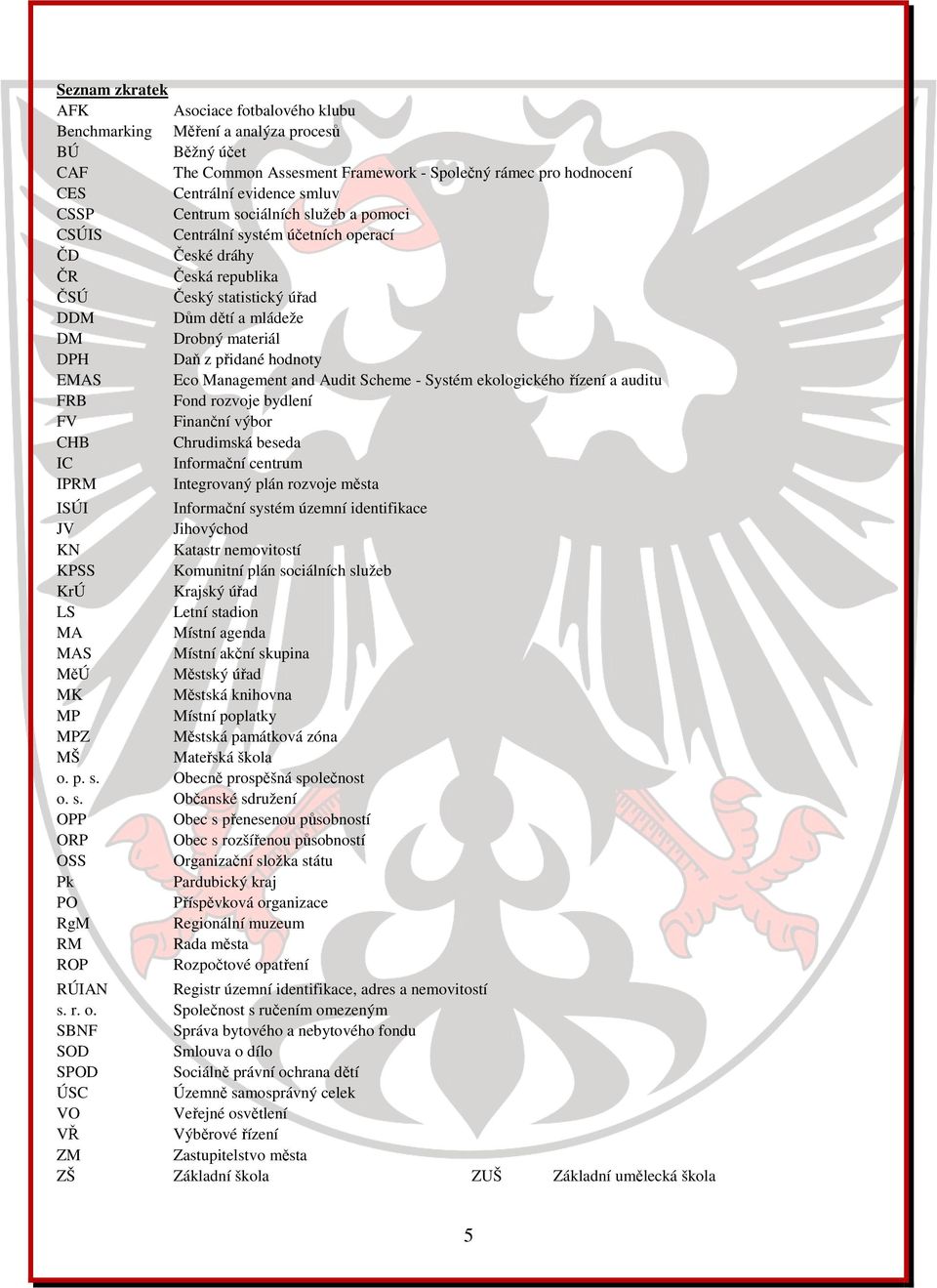 hodnoty EMAS Eco Management and Audit Scheme - Systém ekologického řízení a auditu FRB Fond rozvoje bydlení FV Finanční výbor CHB Chrudimská beseda IC Informační centrum IPRM Integrovaný plán rozvoje