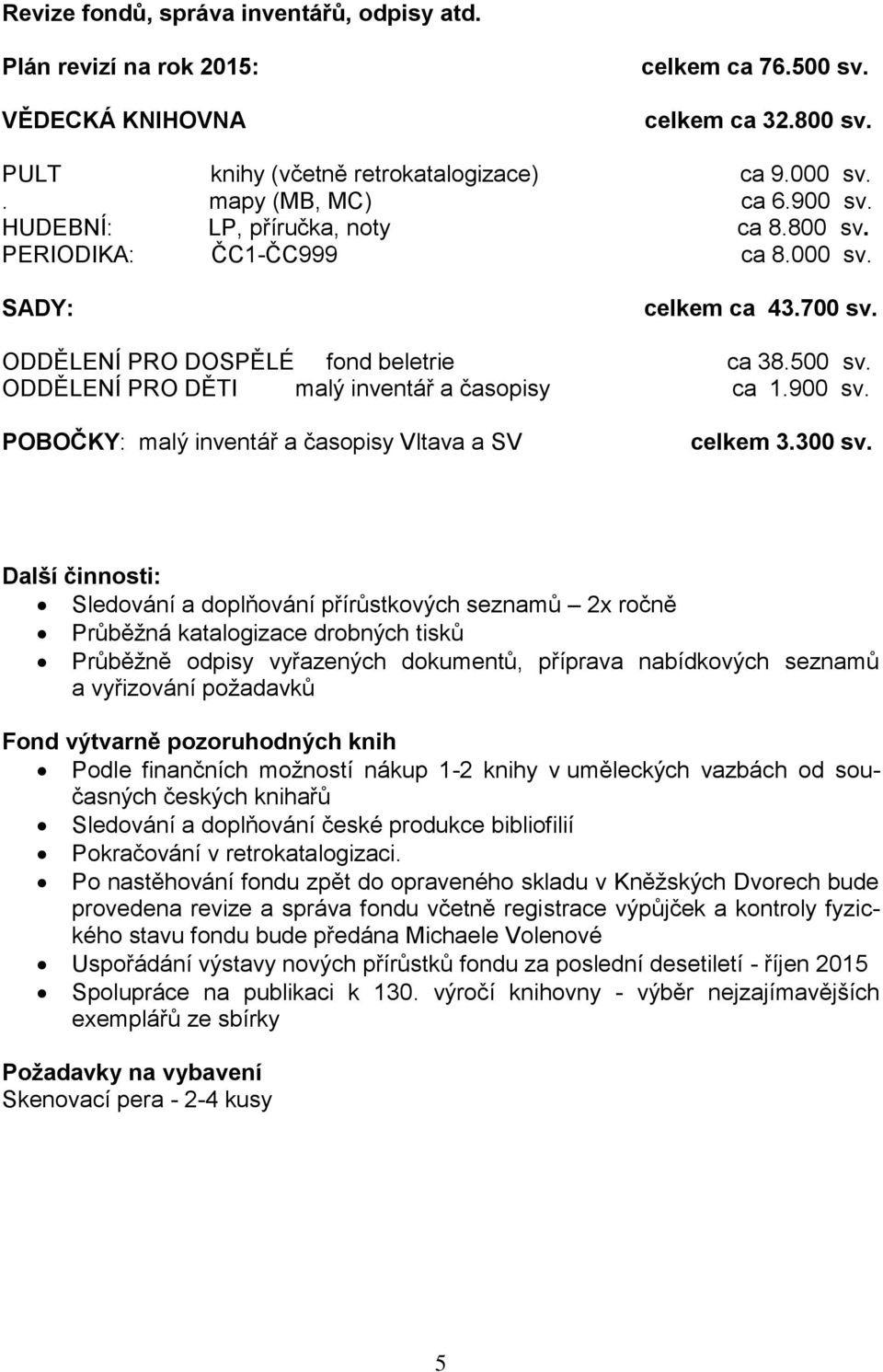 ODDĚLENÍ PRO DĚTI malý inventář a časopisy ca 1.900 sv. POBOČKY: malý inventář a časopisy Vltava a SV celkem 3.300 sv.