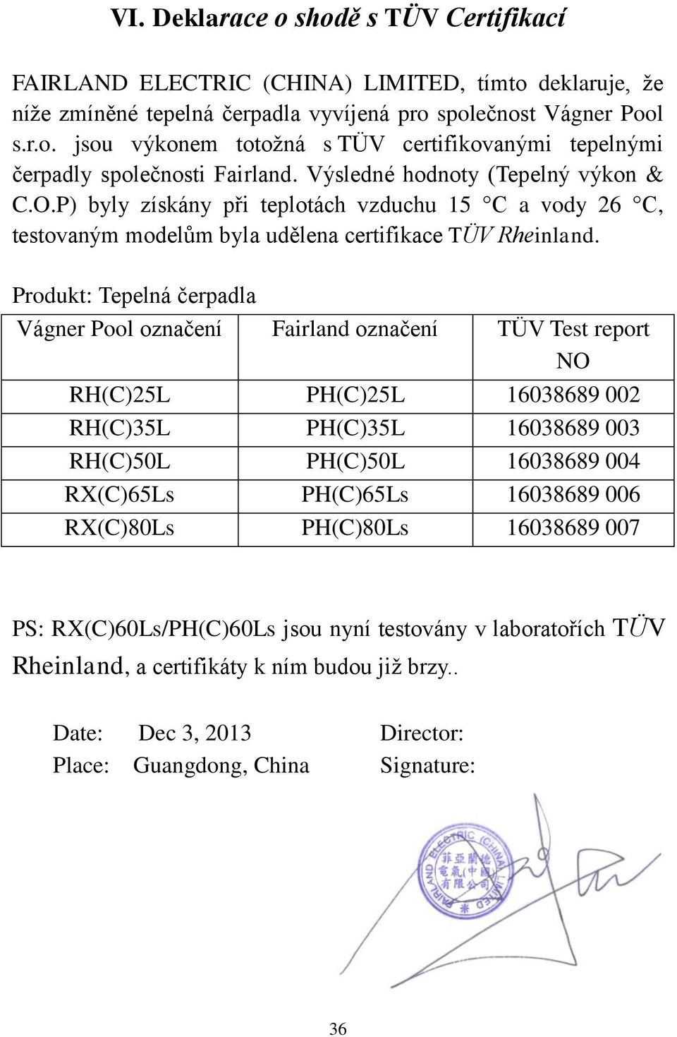 Produkt: Tepelná čerpadla Vágner Pool označení Fairland označení TÜV Test report NO RH(C)25L PH(C)25L 16038689 002 RH(C)35L PH(C)35L 16038689 003 RH(C)50L PH(C)50L 16038689 004 RX(C)65Ls PH(C)65Ls