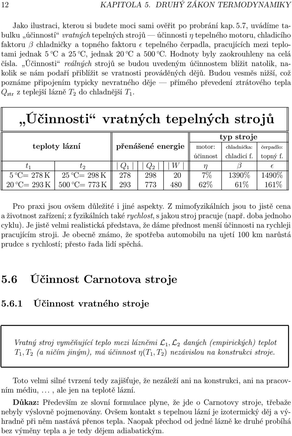 7, uvádíme tabulku účinností vratnýchtepelnýchstrojů účinnosti ηtepelnéhomotoru,chladicího faktoru β chladničky a topného faktoru ǫ tepelného čerpadla, pracujících mezi teplotamijednak5 Ca25