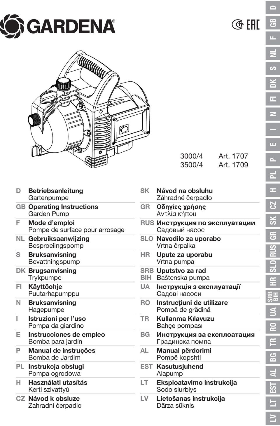 Jardim PL Instrukcja obsługi Pompa ogrodowa H Használati utasítás Kerti szivattyú CZ Návod k obsluze Zahradní čerpadlo 3000/4 Art. 1707 3500/4 Art.