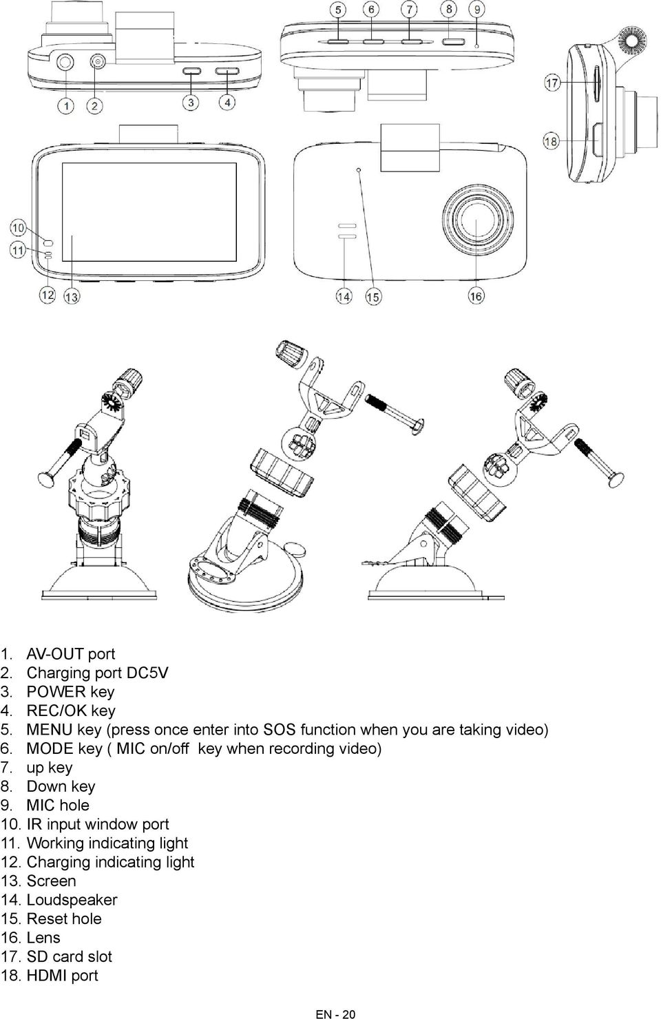 MODE key ( MIC on/off key when recording video) 7. up key 8. Down key 9. MIC hole 10.