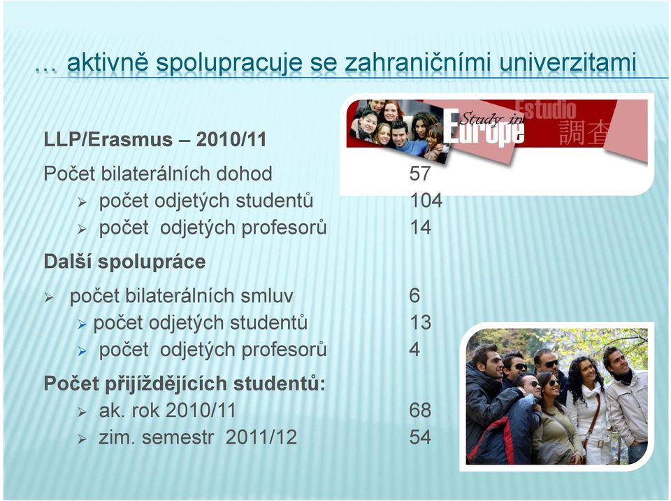 Další spolupráce počet bilaterálních smluv 6 počet odjetých studentů 13 počet