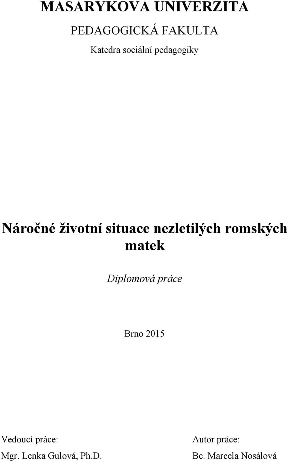 nezletilých romských matek Diplomová práce Brno 2015