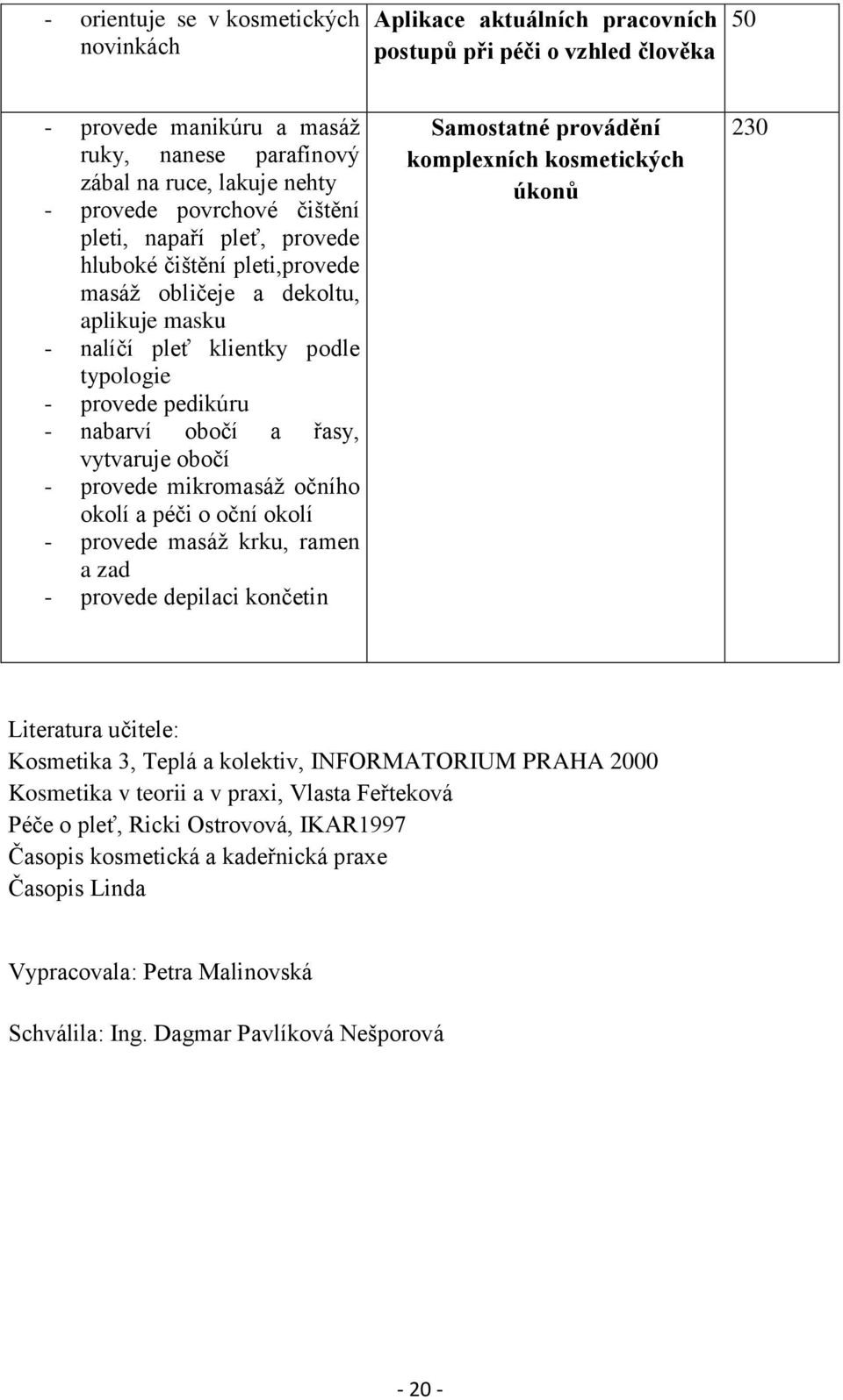 vytvaruje obočí - provede mikromasáž očního okolí a péči o oční okolí - provede masáž krku, ramen a zad - provede depilaci končetin Samostatné provádění komplexních kosmetických úkonů 230 Literatura