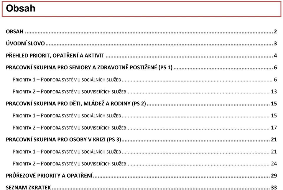 ..13 PRACOVNÍ SKUPINA PRO DĚTI, MLÁDEŽ A RODINY (PS 2)... 15 PRIORITA 1 PODPORA SYSTÉMU SOCIÁLNÍCH SLUŽEB.